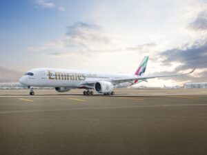 Emirates A350 makes its debut at the 2025 Paris Airshow